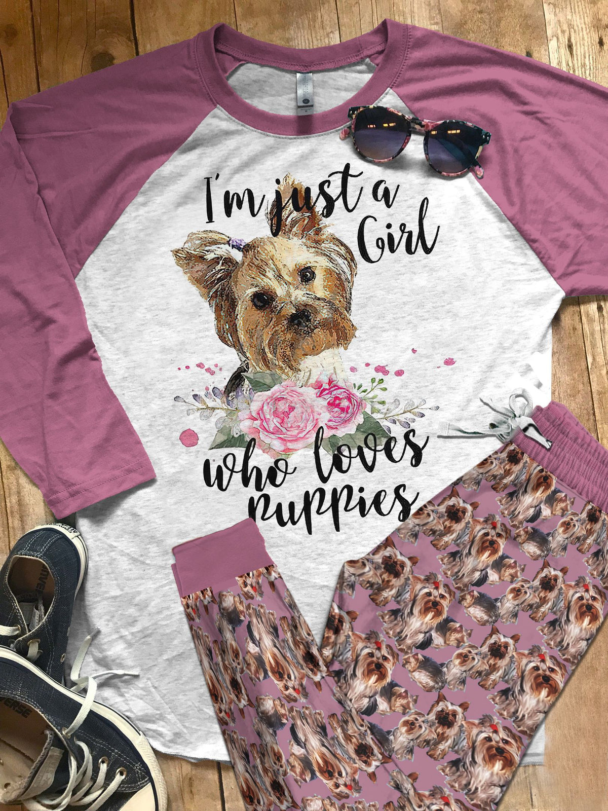 Yorkshire Set Girl Who Love Puppies Pajama Set |Sleepwear Pjs Sets | Raglan Shirt Pants Set