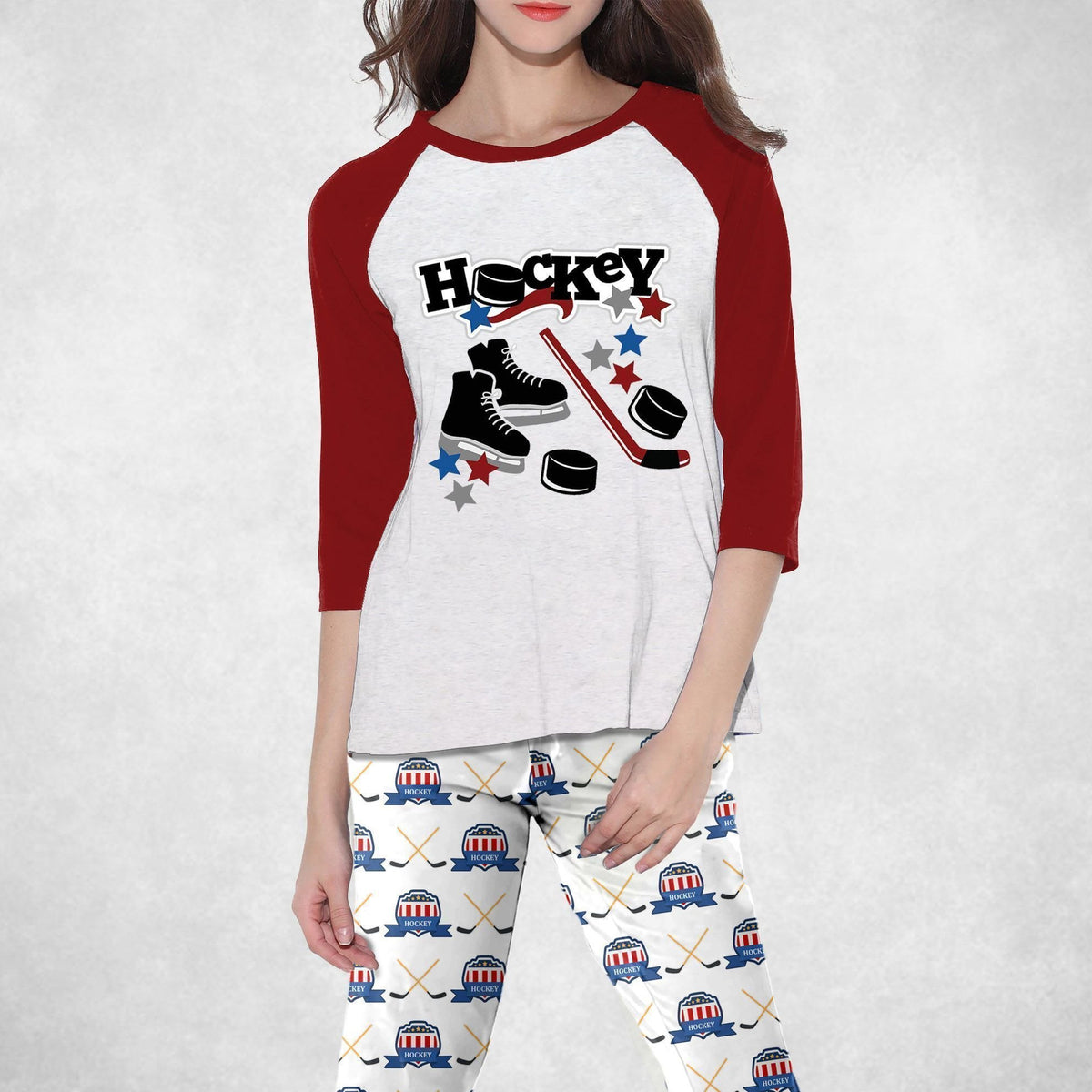 Hockey I Love Hockey Burgundy Nice Pajama Set |Sleepwear Pjs Sets | Raglan Shirt Pants Set