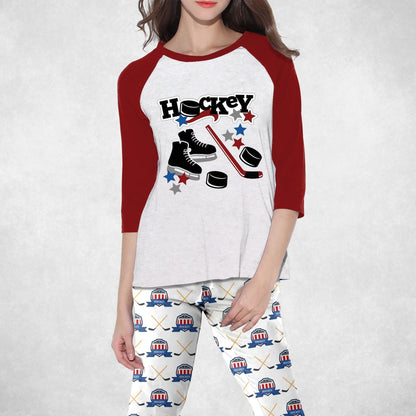Hockey I Love Hockey Burgundy Nice Pajama Set |Sleepwear Pjs Sets | Raglan Shirt Pants Set