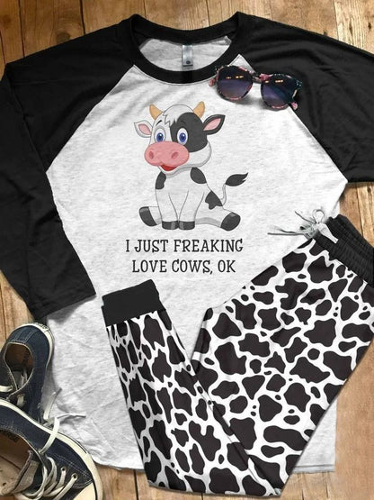 Cow Black High Quality Pajama Set |Sleepwear Pjs Sets | Raglan Shirt Pants Set