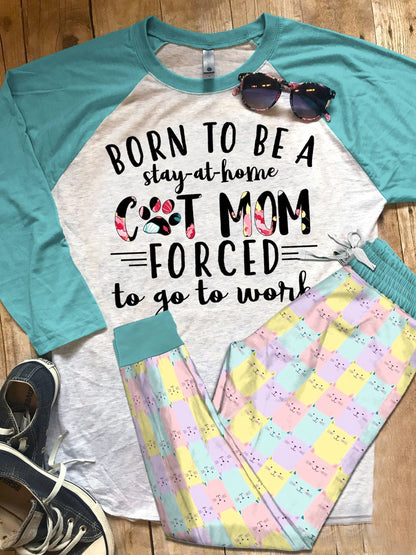 Cat Im Cat Mom Gs Pink Teal Best Pajama Set |Sleepwear Pjs Sets | Raglan Shirt Pants Set