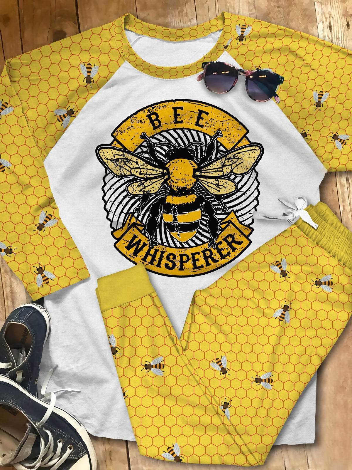Bee Whisper Yellow Unique Pajama Set |Sleepwear Pjs Sets | Raglan Shirt Pants Set