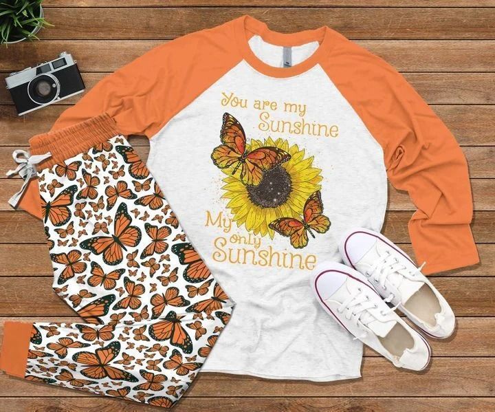 Butterfly You Are My Sunshine Orange High Quality Pajama Set |Sleepwear Pjs Sets | Raglan Shirt Pants Set