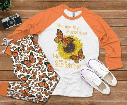 Butterfly You Are My Sunshine Orange High Quality Pajama Set |Sleepwear Pjs Sets | Raglan Shirt Pants Set