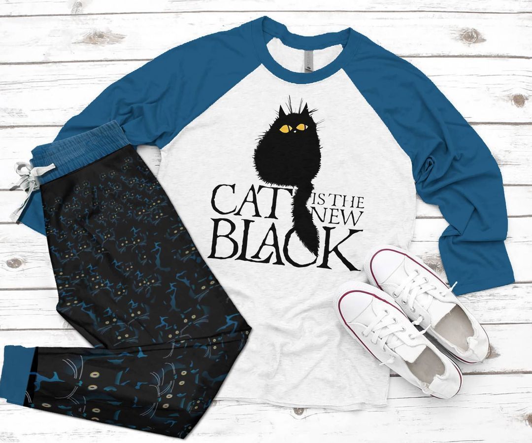 Black Cat New Blue Best Pajama Set |Sleepwear Pjs Sets | Raglan Shirt Pants Set