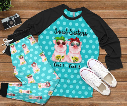 Pig Set Soul Sister Pig Lovers Personalized Pajama Set |Sleepwear Pjs Sets | Raglan Shirt Pants Set