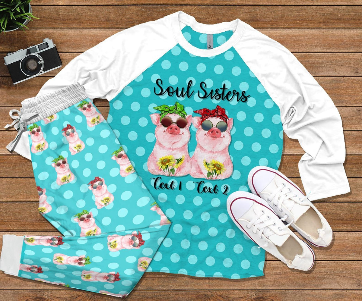 Pig Set Soul Sister Pig Lovers Personalized Pajama Set |Sleepwear Pjs Sets | Raglan Shirt Pants Set