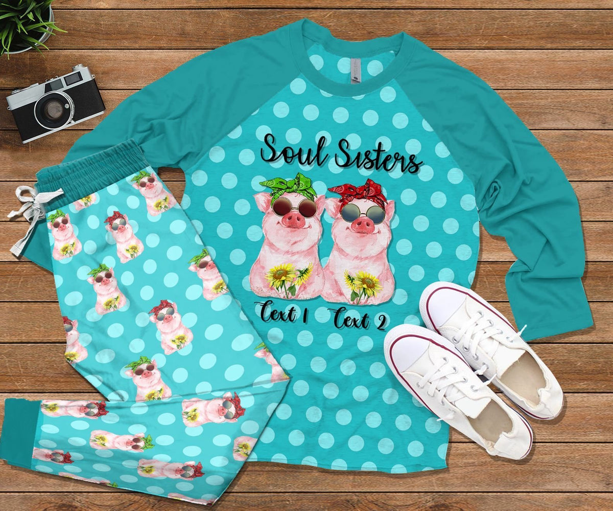 Pig Set Soul Sister Pig Lovers Personalized Pajama Set |Sleepwear Pjs Sets | Raglan Shirt Pants Set