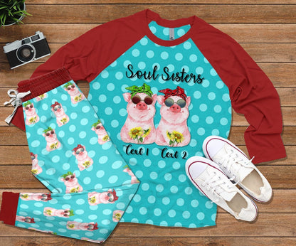 Pig Set Soul Sister Pig Lovers Personalized Pajama Set |Sleepwear Pjs Sets | Raglan Shirt Pants Set