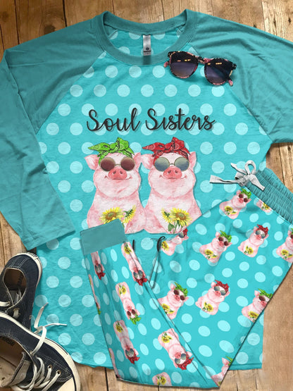 Pig Set Soul Sister Pig Lovers Personalized Pajama Set |Sleepwear Pjs Sets | Raglan Shirt Pants Set