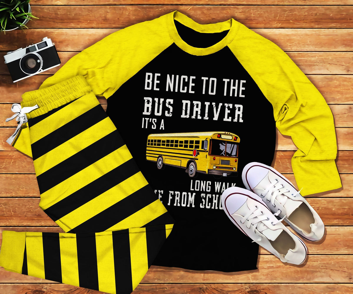 School Bus Long Walk From Home To School Pajama Set |Sleepwear Pjs Sets | Raglan Shirt Pants Set
