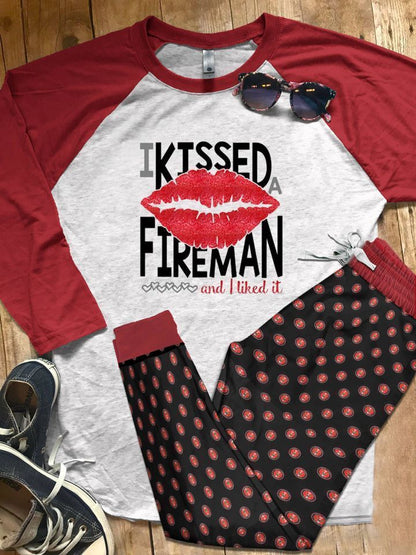 Firefighter Last Out Pajama Set |Sleepwear Pjs Sets | Raglan Shirt Pants Set