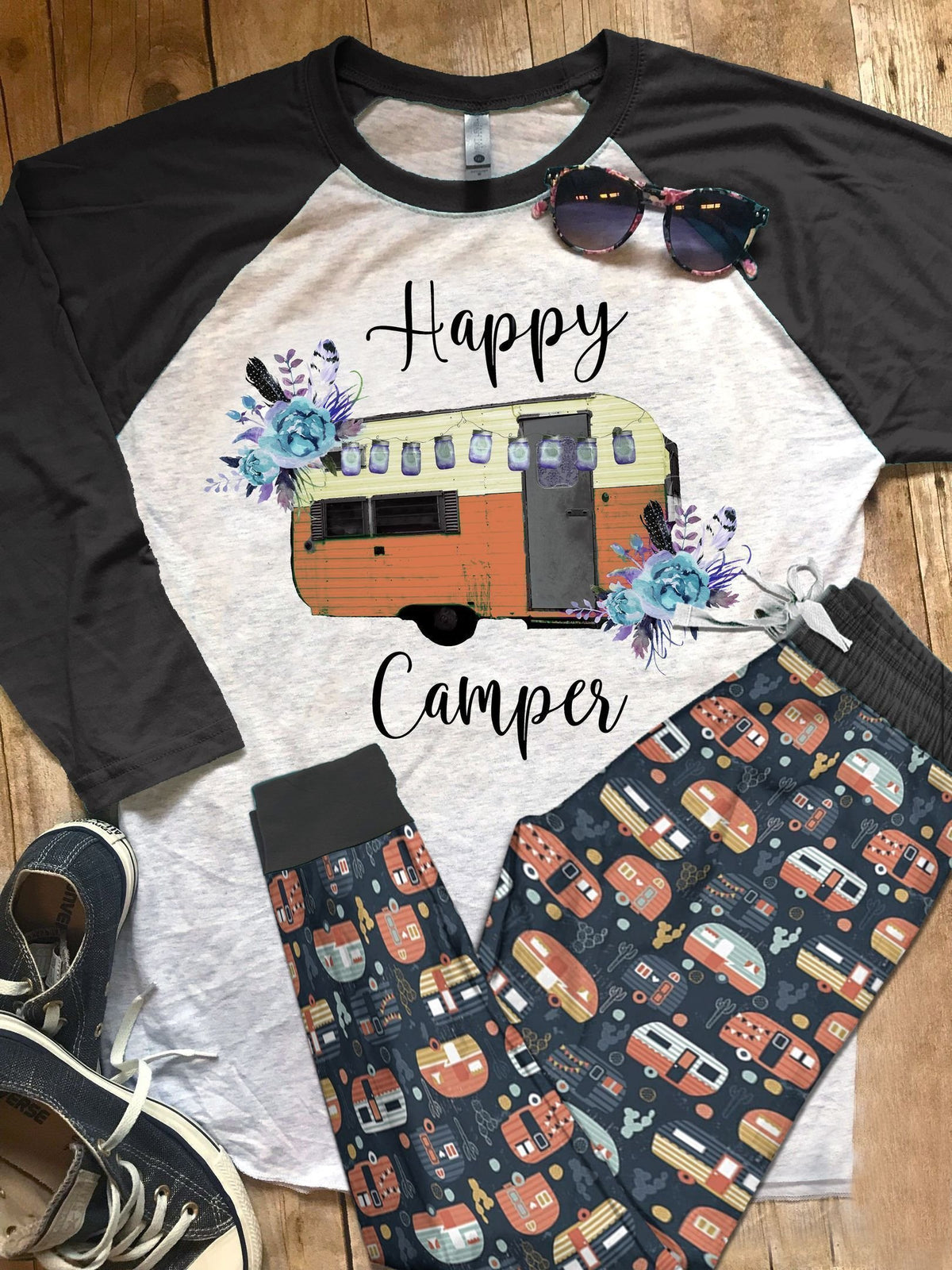 Camping Happy Camper Black Best Pajama Set |Sleepwear Pjs Sets | Raglan Shirt Pants Set