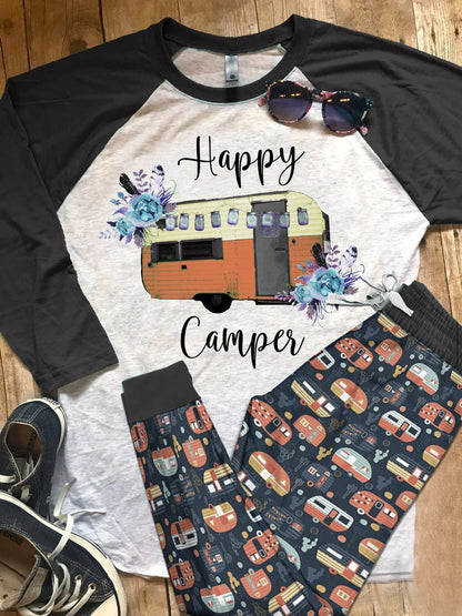 Camping Happy Camper Black Best Pajama Set |Sleepwear Pjs Sets | Raglan Shirt Pants Set