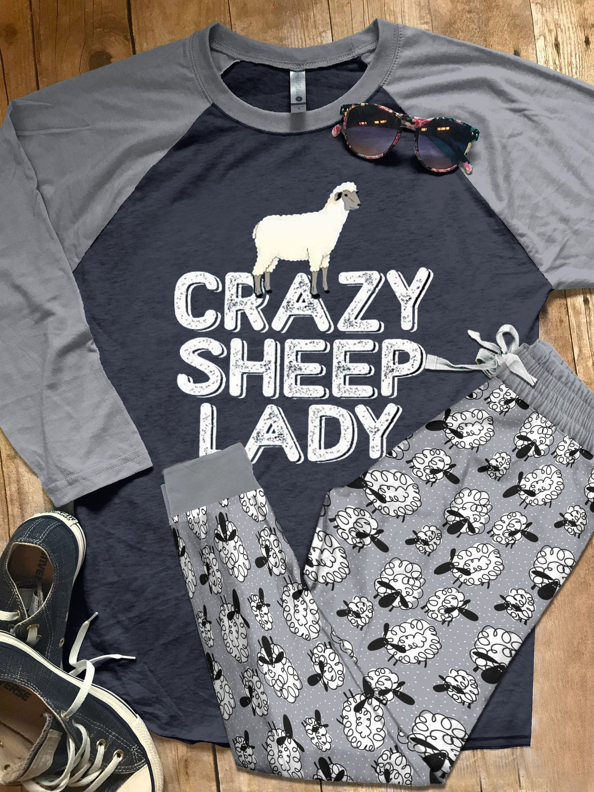 Sheep Crazy Sheep Lady Pajama Set |Sleepwear Pjs Sets | Raglan Shirt Pants Set
