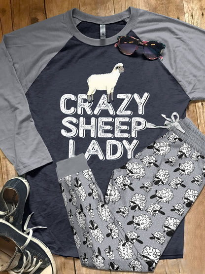 Sheep Crazy Sheep Lady Pajama Set |Sleepwear Pjs Sets | Raglan Shirt Pants Set