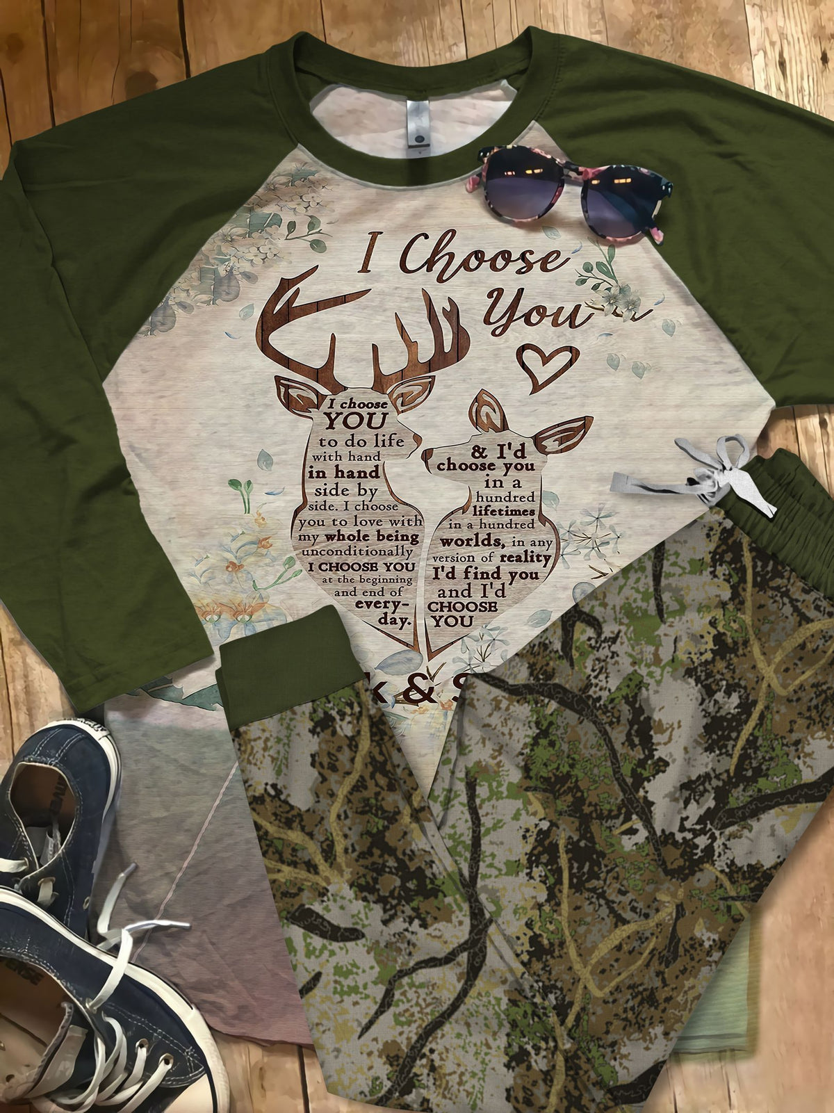 Deer I Choose You Green Best Pajama Set |Sleepwear Pjs Sets | Raglan Shirt Pants Set
