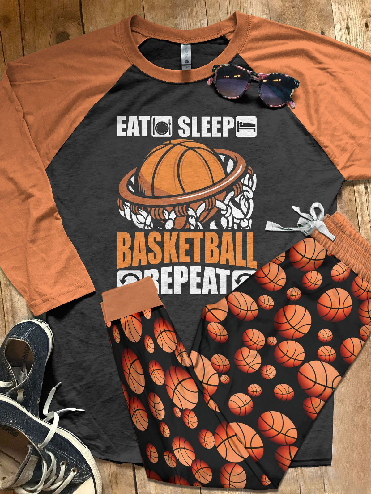 Basketball Eat Sleep Basketball Repeat Orange Good Pajama Set |Sleepwear Pjs Sets | Raglan Shirt Pants Set