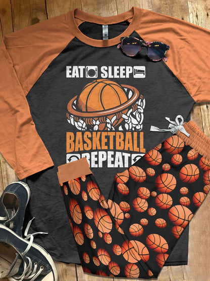 Basketball Eat Sleep Basketball Repeat Orange Good Pajama Set |Sleepwear Pjs Sets | Raglan Shirt Pants Set