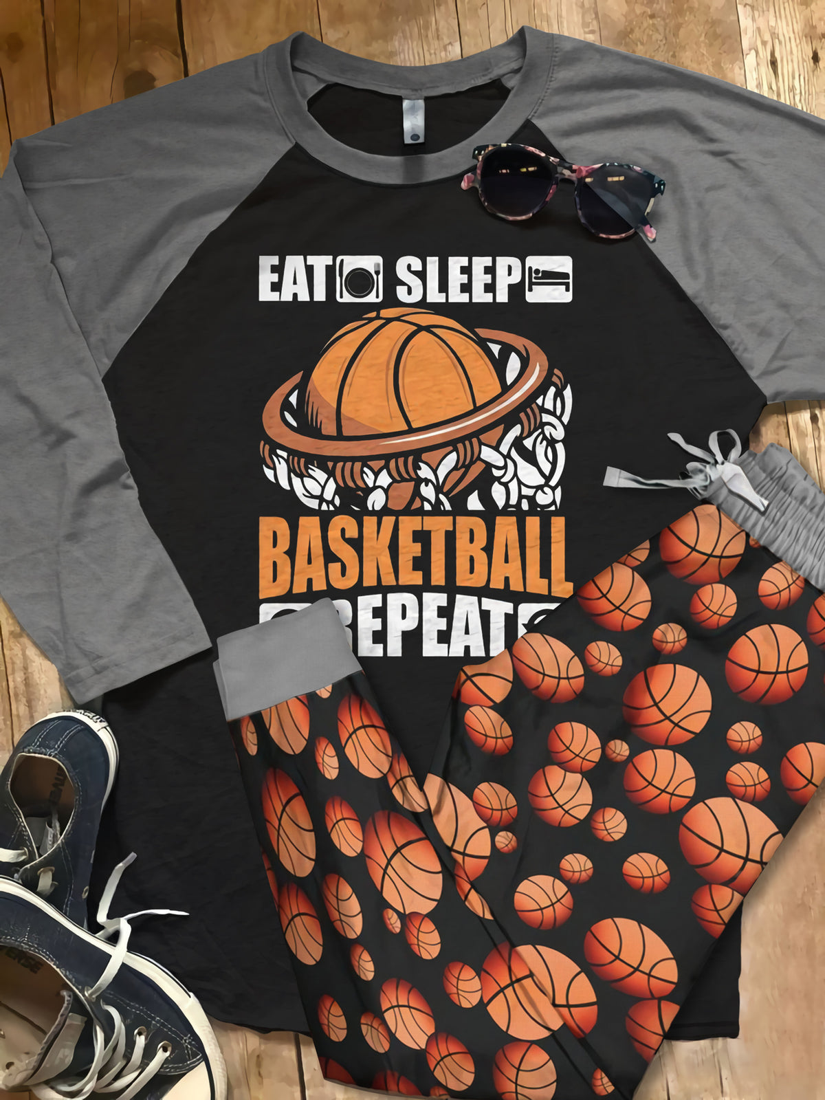Basketball Eat Sleep Basketball Repeat Orange Good Pajama Set |Sleepwear Pjs Sets | Raglan Shirt Pants Set