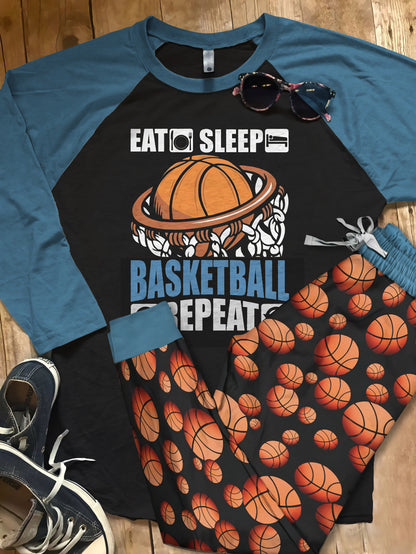 Basketball Eat Sleep Basketball Repeat Orange Good Pajama Set |Sleepwear Pjs Sets | Raglan Shirt Pants Set