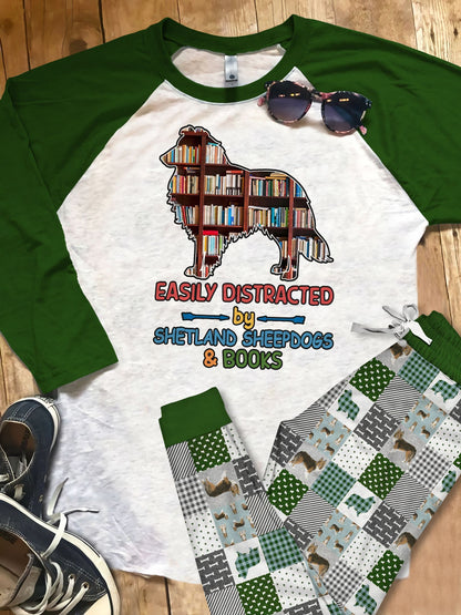 Shetland Sheepdog Easily Distracted Pajama Set |Sleepwear Pjs Sets | Raglan Shirt Pants Set