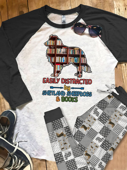 Shetland Sheepdog Easily Distracted Pajama Set |Sleepwear Pjs Sets | Raglan Shirt Pants Set