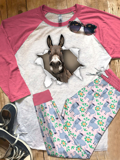 Donkey Pink Good Pajama Set |Sleepwear Pjs Sets | Raglan Shirt Pants Set