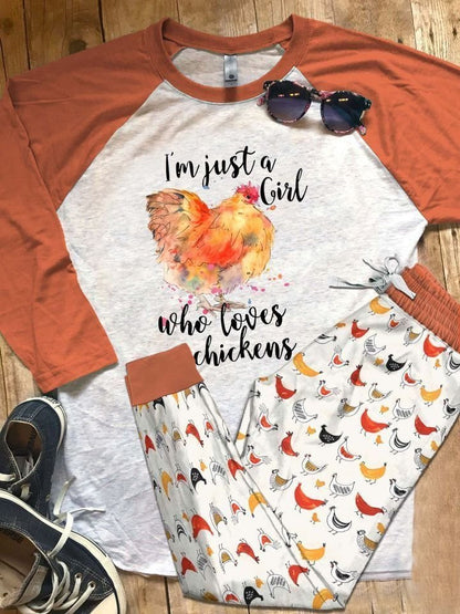 Chicken Just Girl Pajama Set |Sleepwear Pjs Sets | Raglan Shirt Pants Set