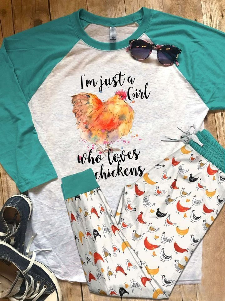Chicken Just Girl Pajama Set |Sleepwear Pjs Sets | Raglan Shirt Pants Set