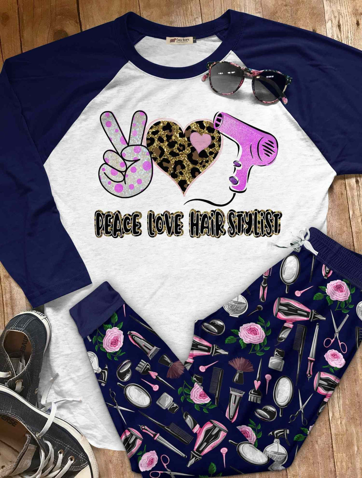 Hairstylist Set Peace Love Hairstylist Pajama Set |Sleepwear Pjs Sets | Raglan Shirt Pants Set