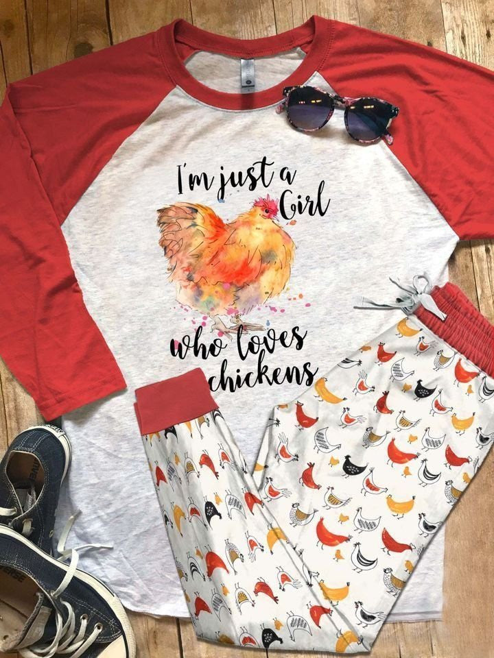Chicken Just Girl Pajama Set |Sleepwear Pjs Sets | Raglan Shirt Pants Set