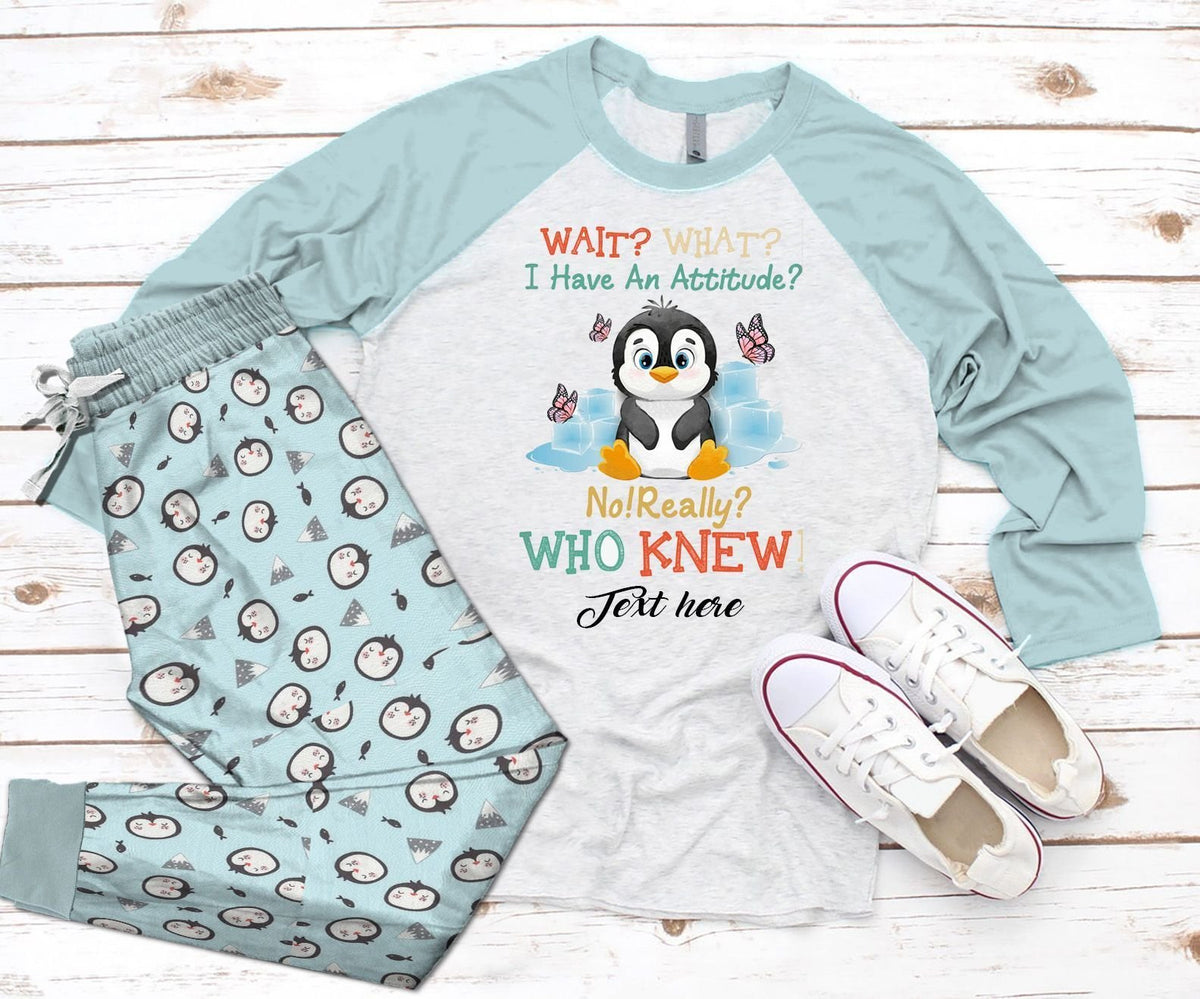 Penguin Who Knew Pajama Set |Sleepwear Pjs Sets | Raglan Shirt Pants Set