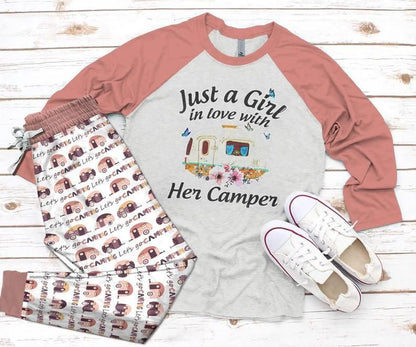 Camping Girl In Love With Camper Pink Good Pajama Set |Sleepwear Pjs Sets | Raglan Shirt Pants Set