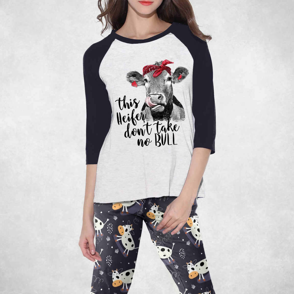 Cow Set This Heifer Take No Bull Pajama Set |Sleepwear Pjs Sets | Raglan Shirt Pants Set
