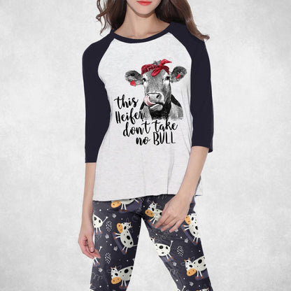 Cow Set This Heifer Take No Bull Pajama Set |Sleepwear Pjs Sets | Raglan Shirt Pants Set