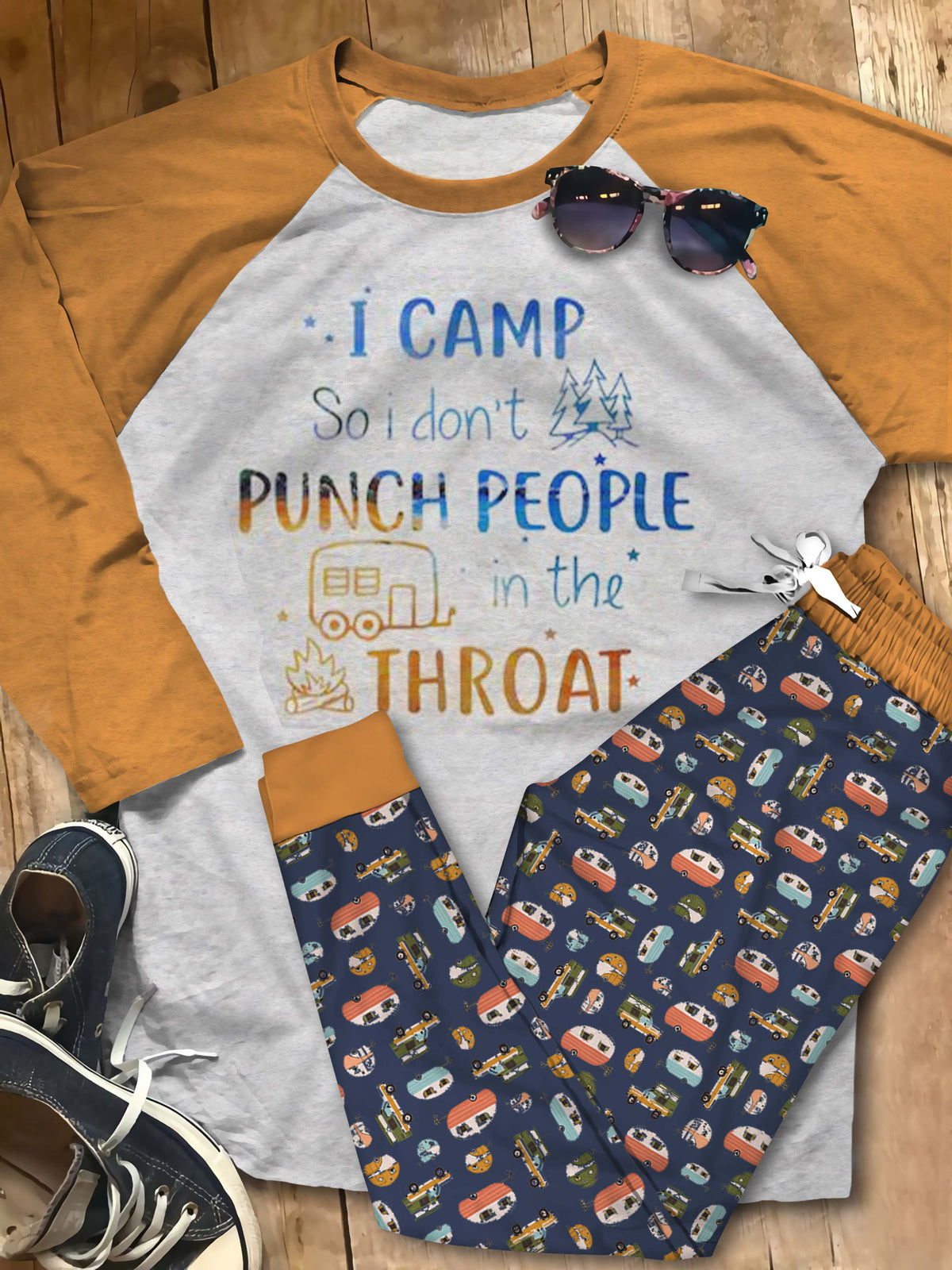Camping I Camp Pajama Set |Sleepwear Pjs Sets | Raglan Shirt Pants Set