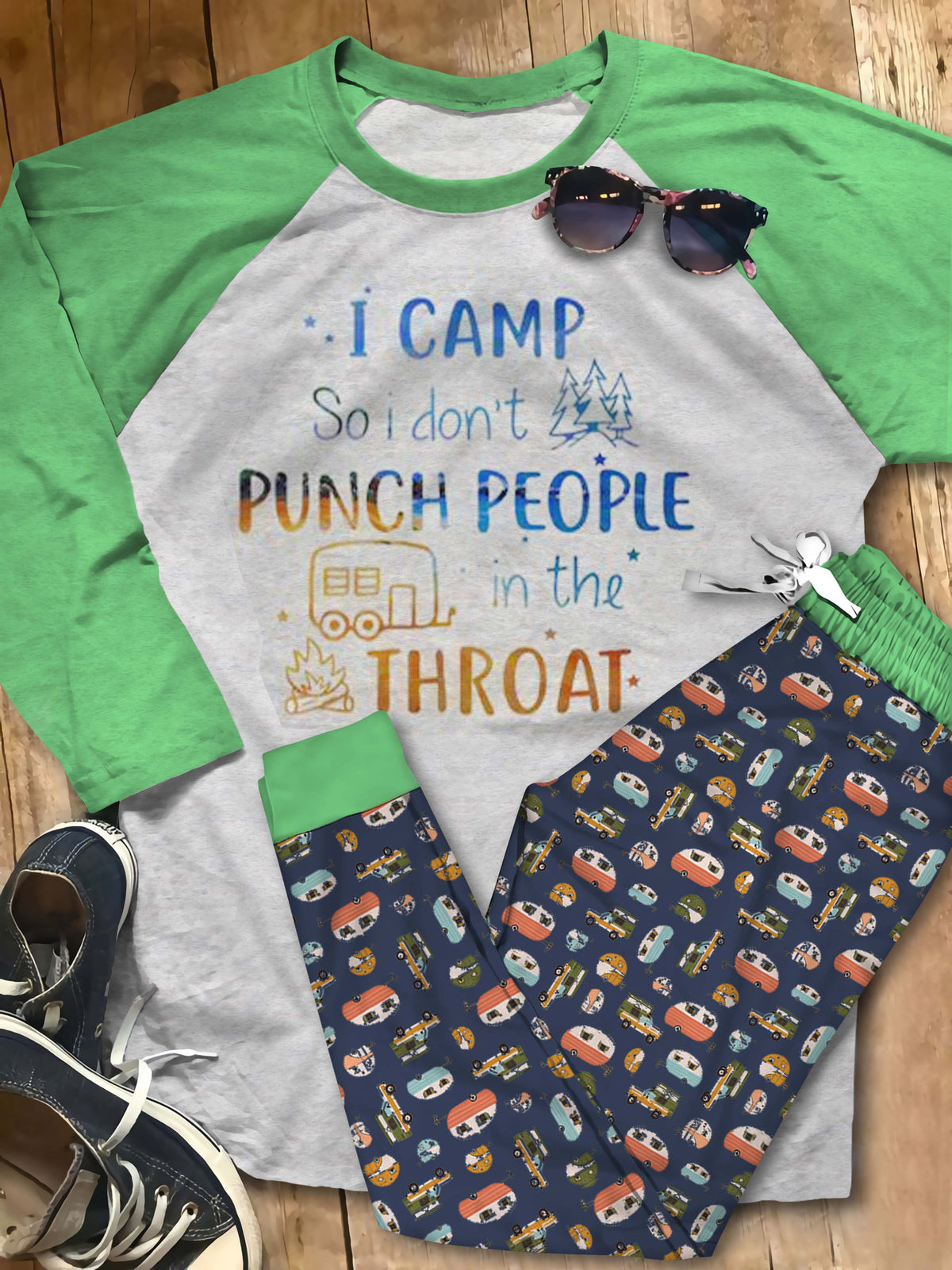 Camping I Camp Pajama Set |Sleepwear Pjs Sets | Raglan Shirt Pants Set