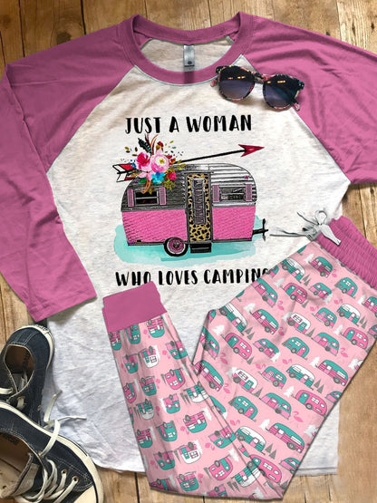Camping Just A Woman Who Loves Camping Pajama Set |Sleepwear Pjs Sets | Raglan Shirt Pants Set