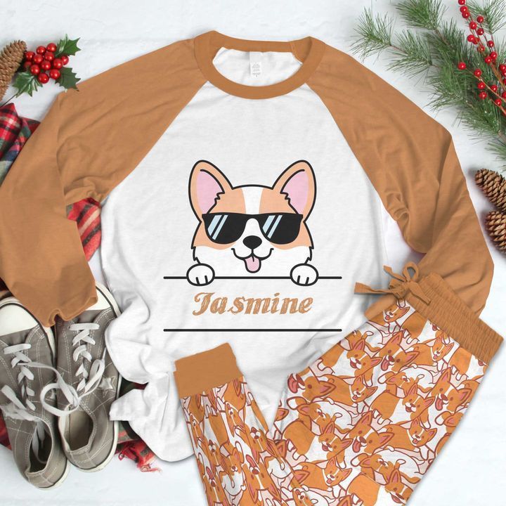 Corgi Loving Heat Personalized Name Pajama Set |Sleepwear Pjs Sets | Raglan Shirt Pants Set