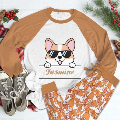 Corgi Loving Heat Personalized Name Pajama Set |Sleepwear Pjs Sets | Raglan Shirt Pants Set