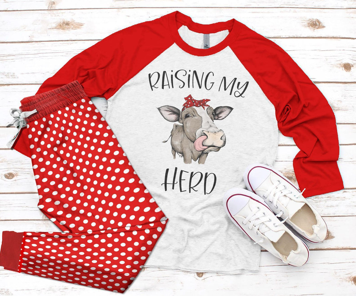 Cow Set Raising My Herd Pajama Set |Sleepwear Pjs Sets | Raglan Shirt Pants Set