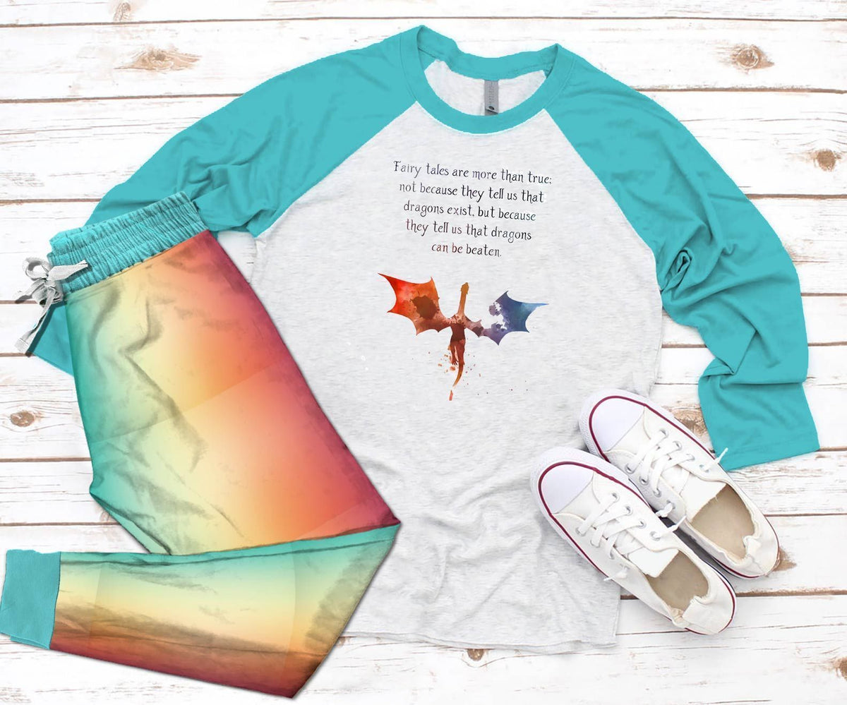 Dragon Fairy Tales Teal Unique Pajama Set |Sleepwear Pjs Sets | Raglan Shirt Pants Set