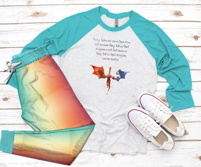 Dragon Fairy Tales Teal Unique Pajama Set |Sleepwear Pjs Sets | Raglan Shirt Pants Set