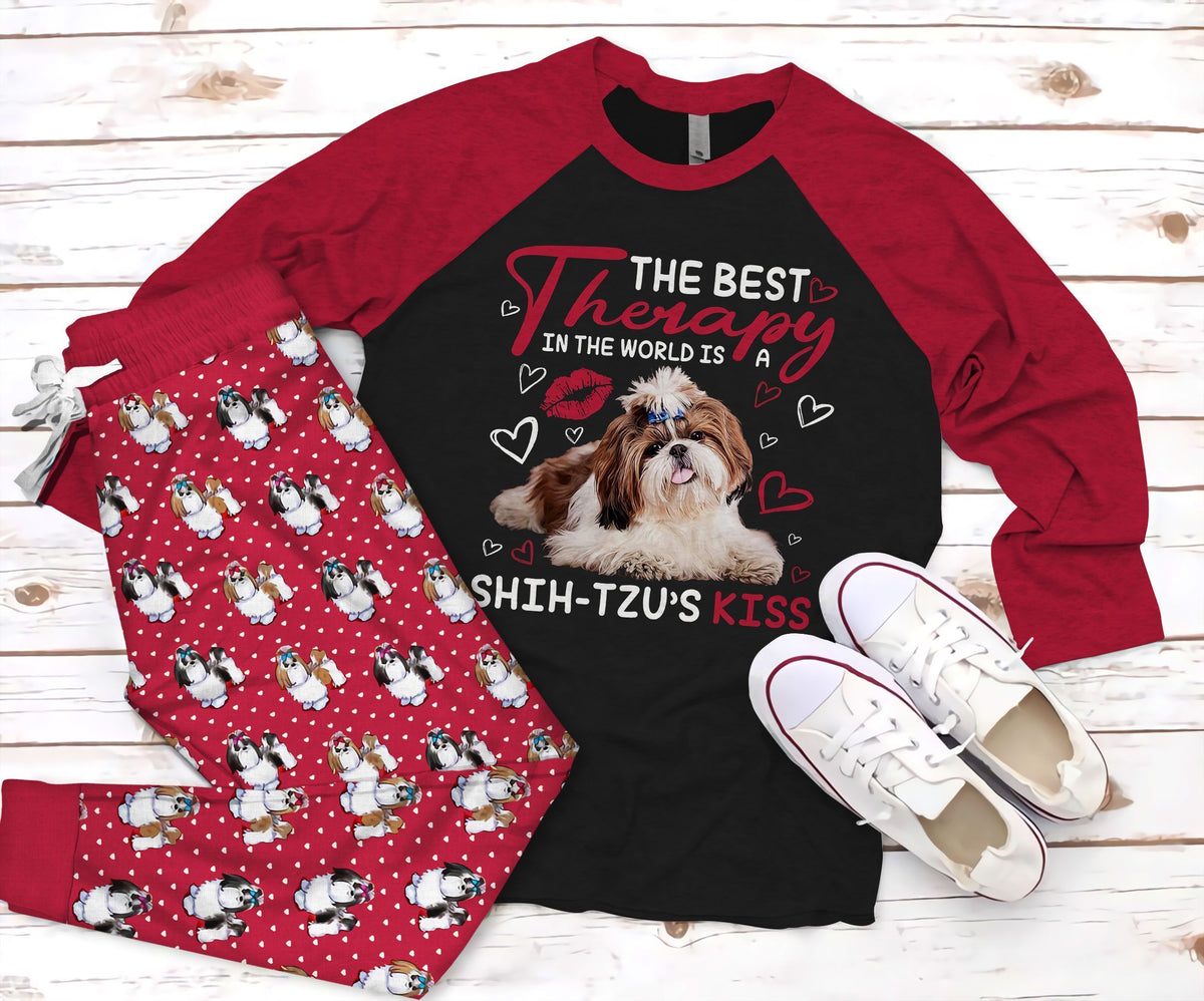 Shih Tzu My Therapy Red Best Pajama Set |Sleepwear Pjs Sets | Raglan Shirt Pants Set