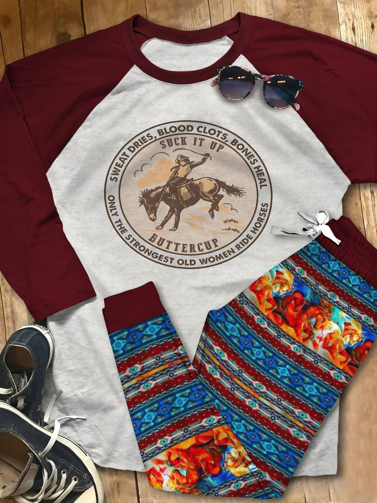 Horse Set Strong Horse Lady Pajama Set |Sleepwear Pjs Sets | Raglan Shirt Pants Set