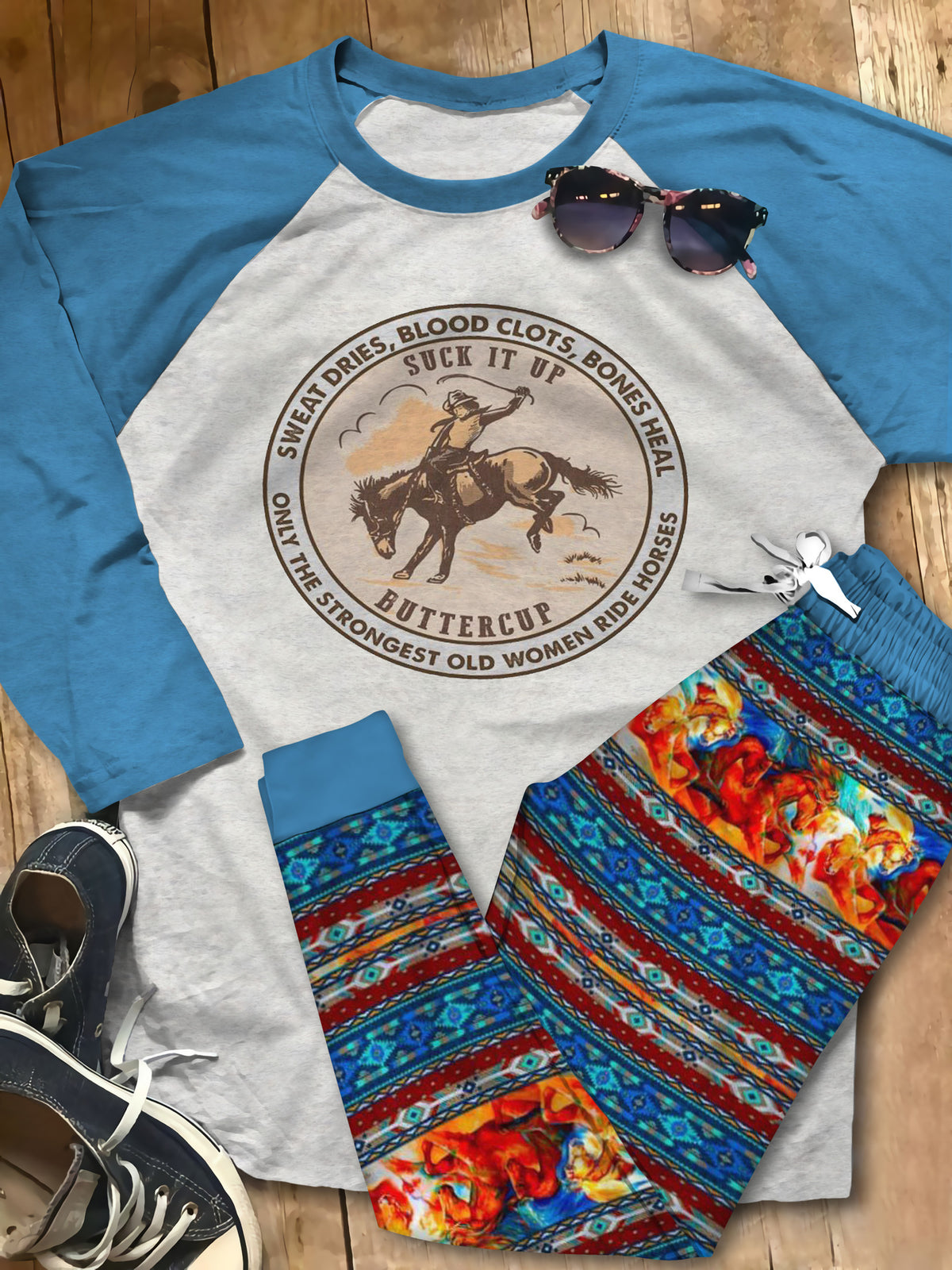 Horse Set Strong Horse Lady Pajama Set |Sleepwear Pjs Sets | Raglan Shirt Pants Set