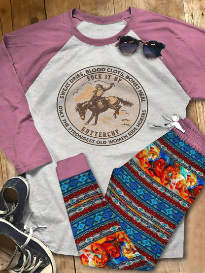 Horse Set Strong Horse Lady Pajama Set |Sleepwear Pjs Sets | Raglan Shirt Pants Set