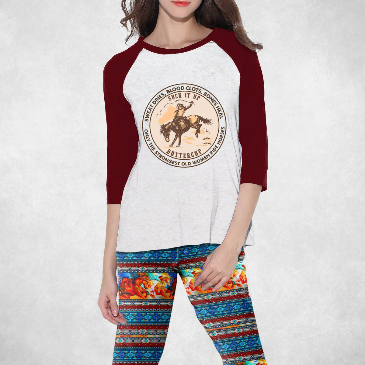 Horse Set Strong Horse Lady Pajama Set |Sleepwear Pjs Sets | Raglan Shirt Pants Set