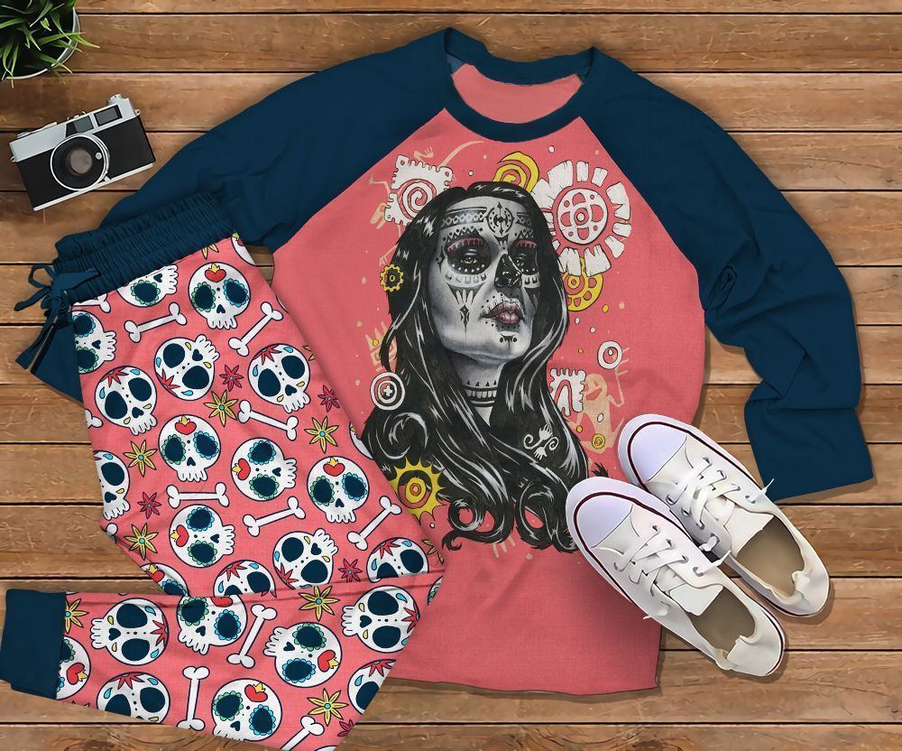 Day Of The Dead Cool Girl Pajama Set |Sleepwear Pjs Sets | Raglan Shirt Pants Set
